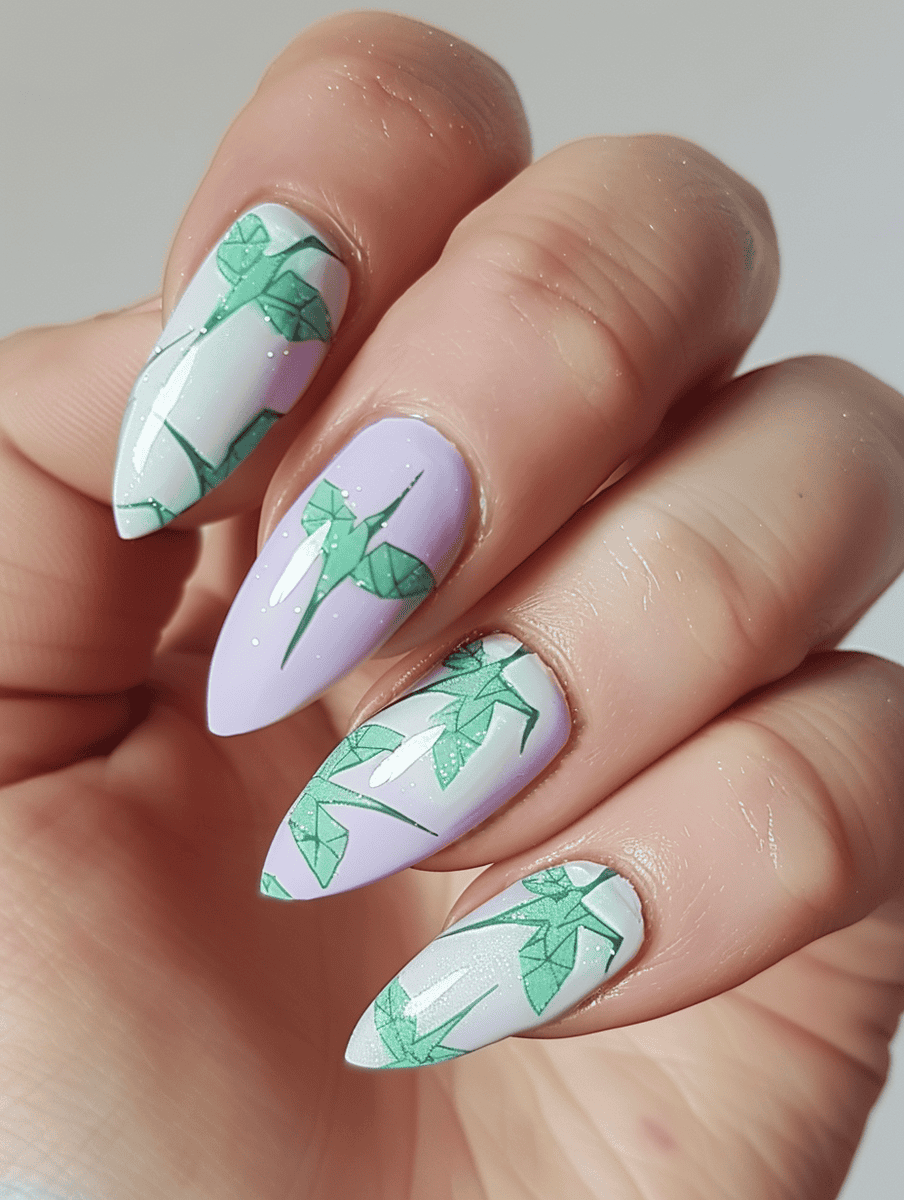 Lavender base with mint origami crane patterns