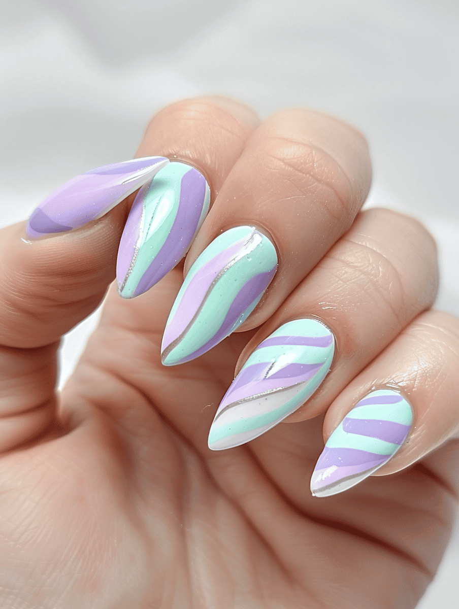 Mint and lavender striped swirl nails