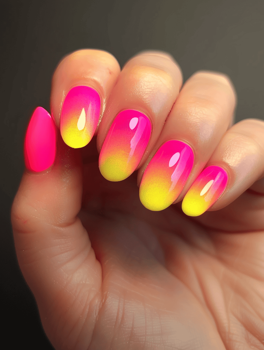 Neon gradient nail design pink to yellow sunset