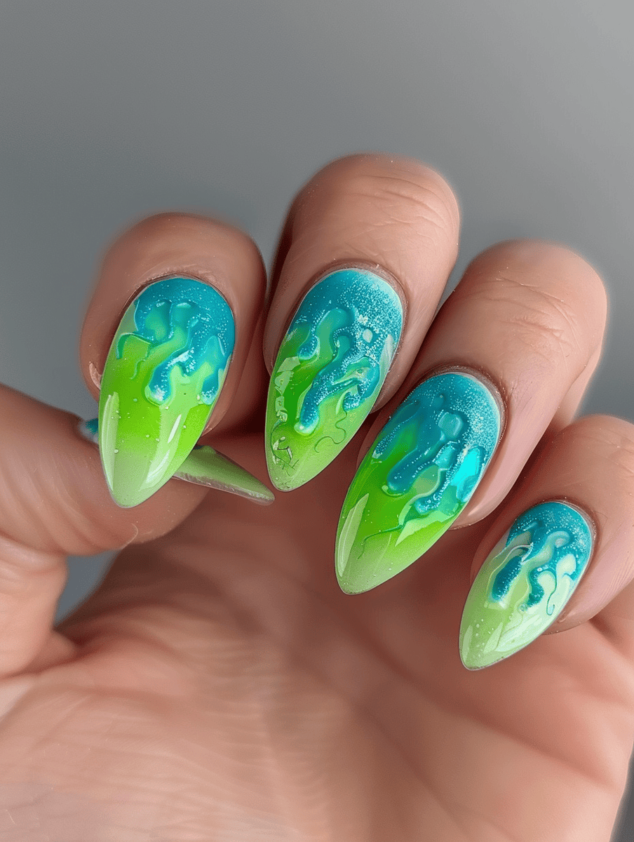 Neon gradient nail design electric blue to neon green ocean waves