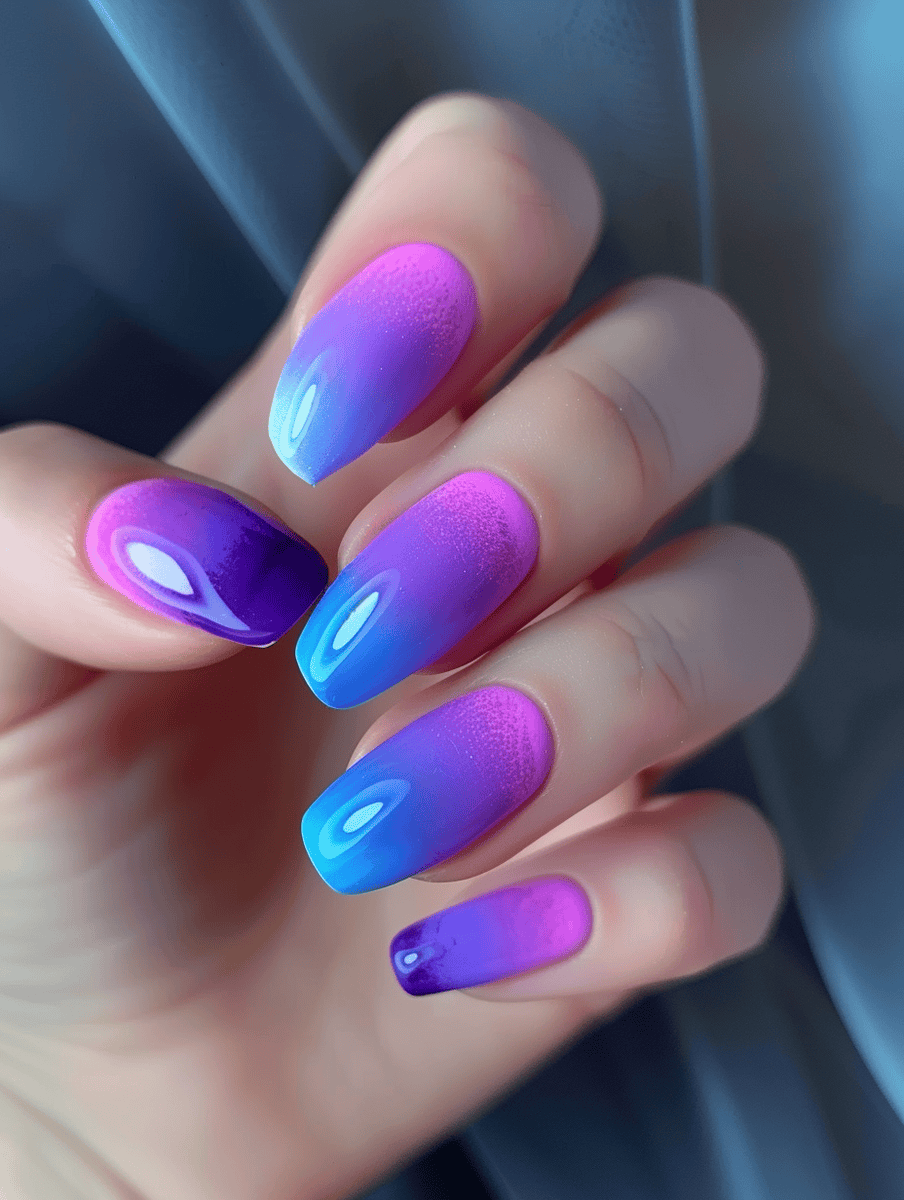 Neon gradient nail design purple to blue twilight sky