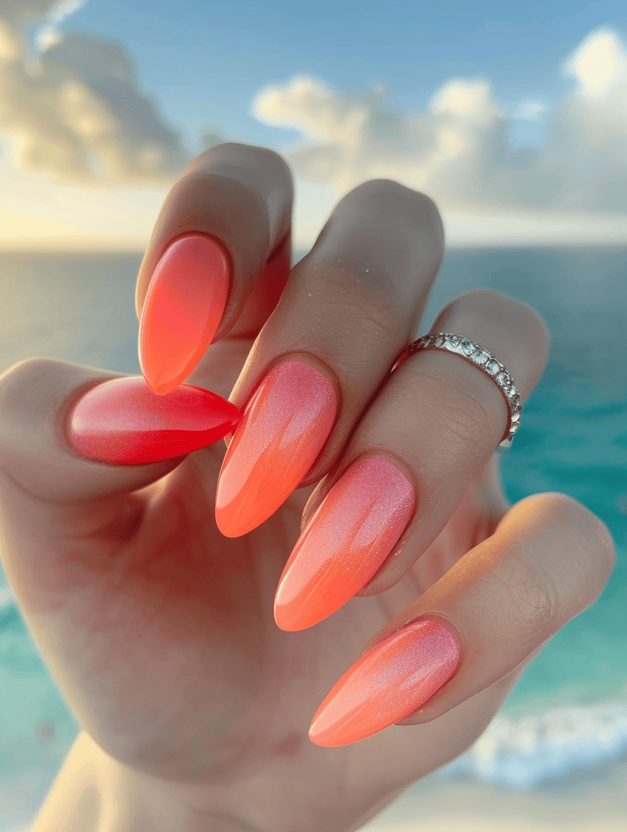 Neon gradient nail design coral to peach beach sunset