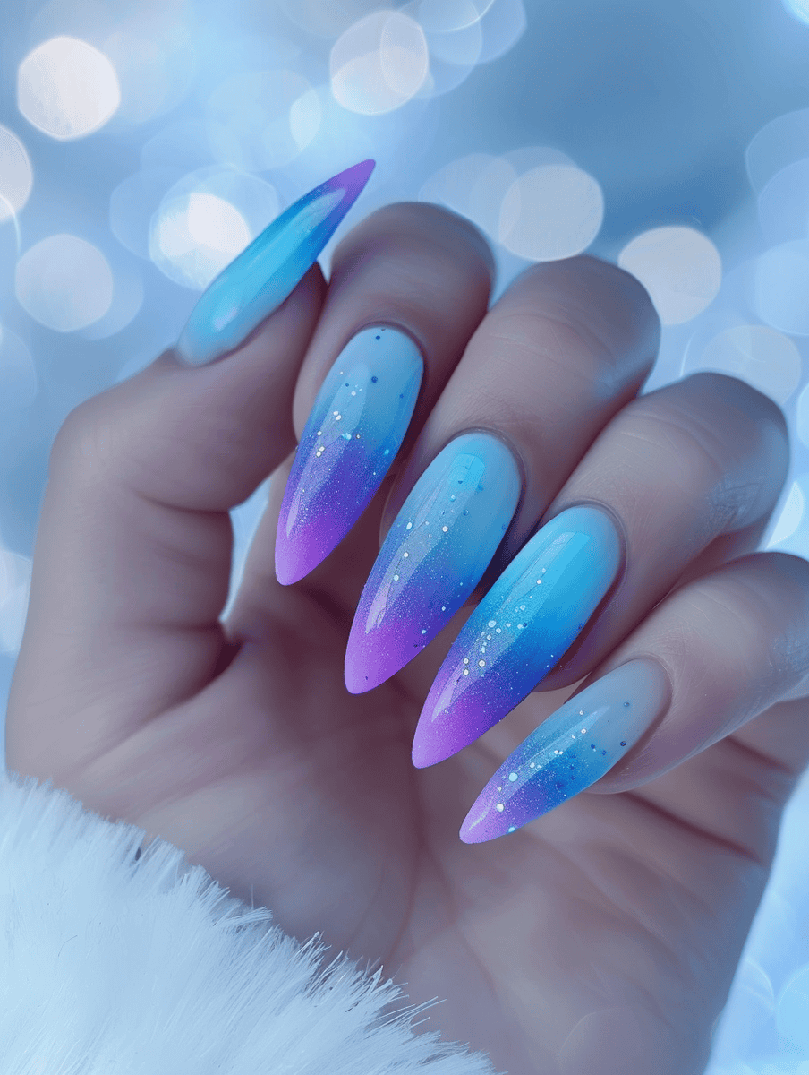 Neon gradient nail design icy blue to neon purple arctic aurora