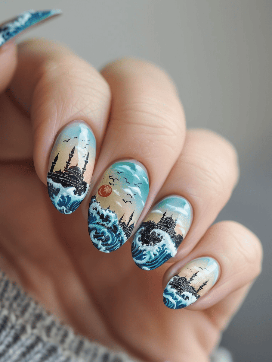 city skyline nail art design featuring Istanbul skyline with Bosphorus waves