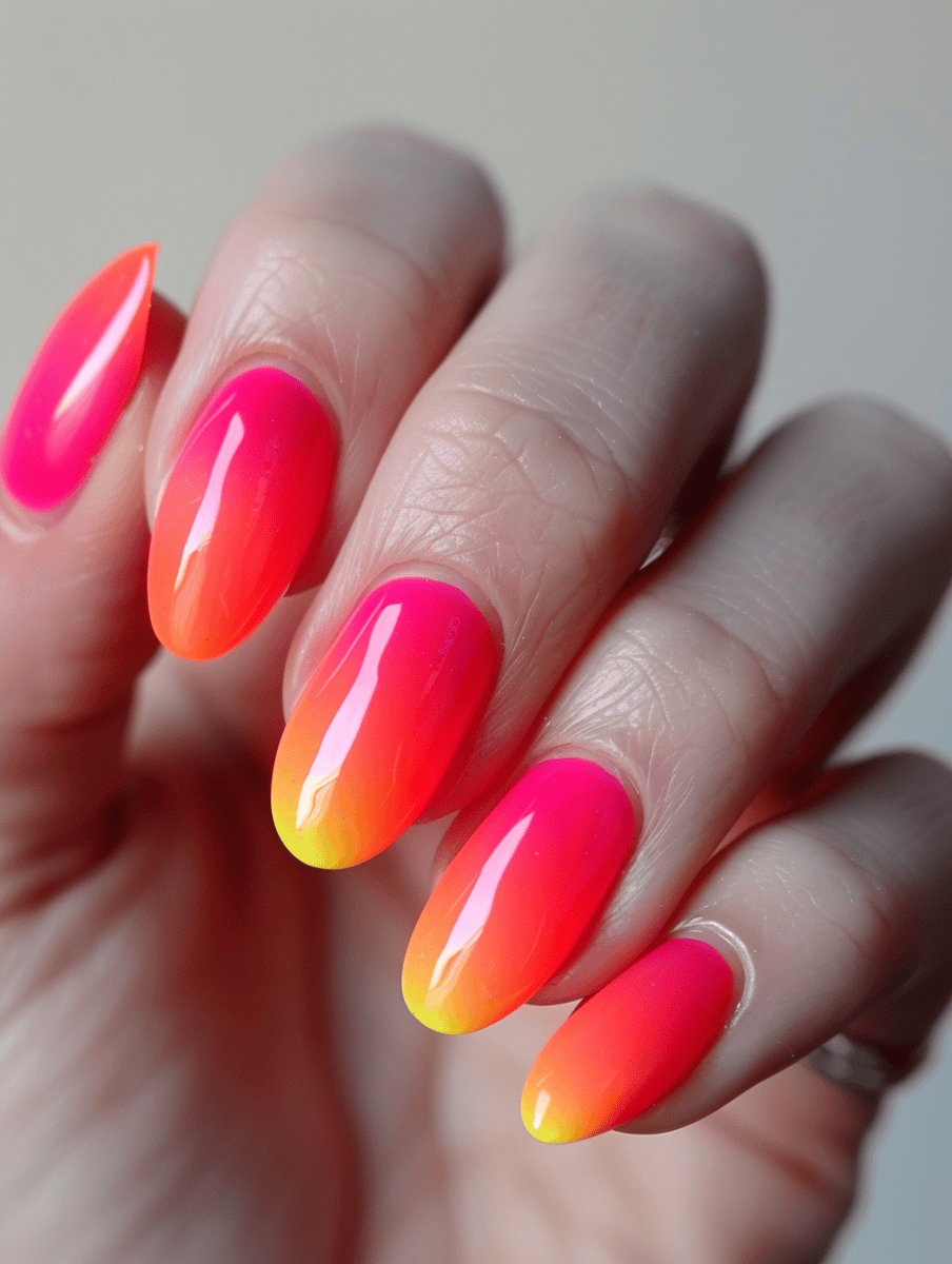 Neon gradient nail design red to neon orange blaze