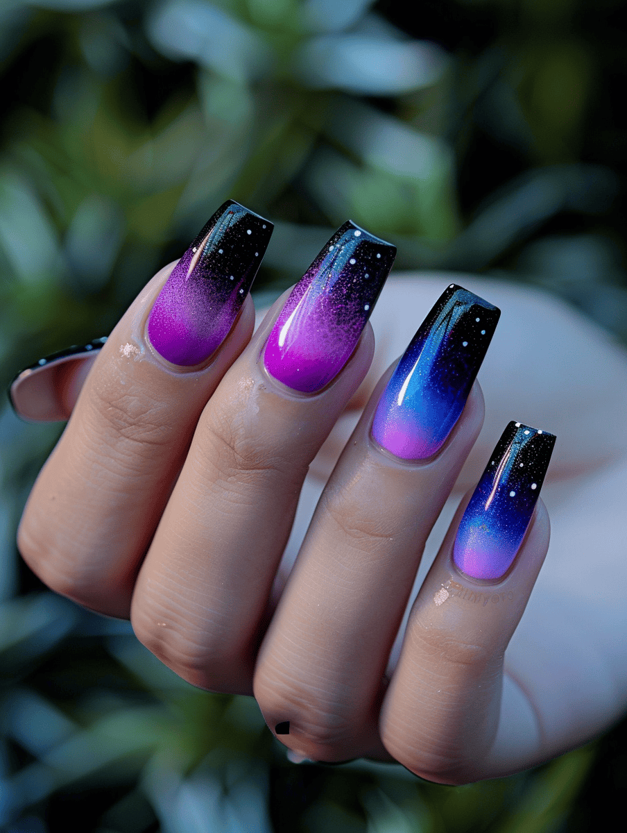 Neon gradient nail design violet to neon blue cosmic nebula