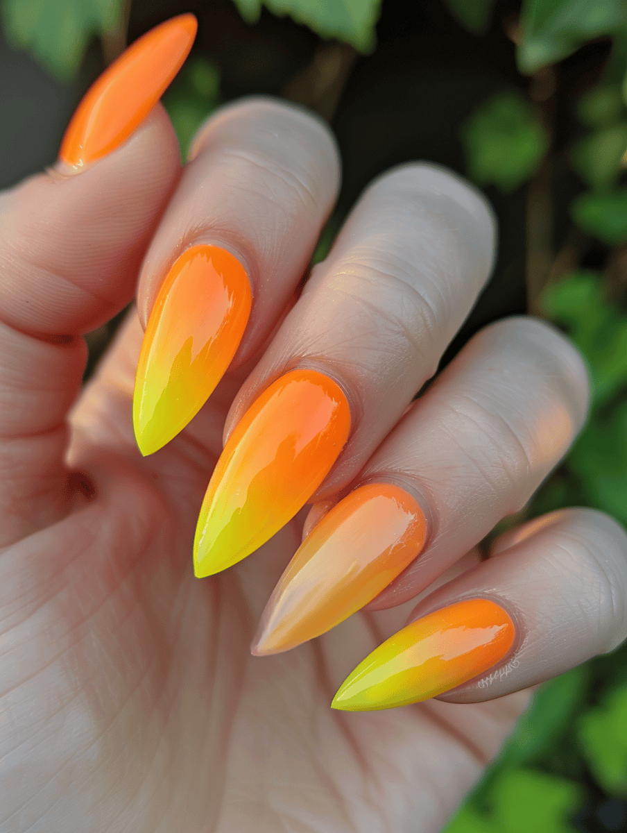 Neon gradient nail design neon orange to creamy yellow citrus twist