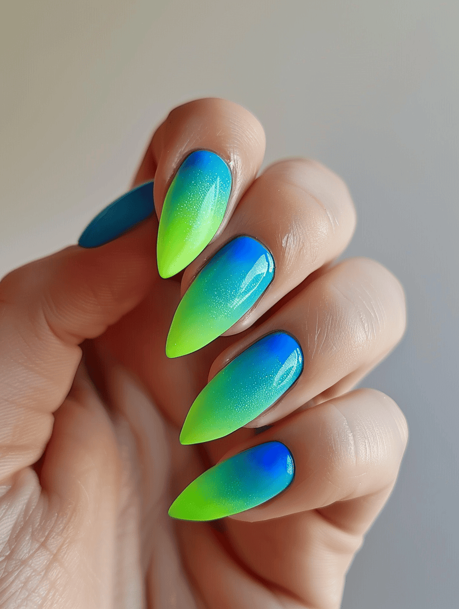Neon gradient nail design bright blue to neon green glacier flow