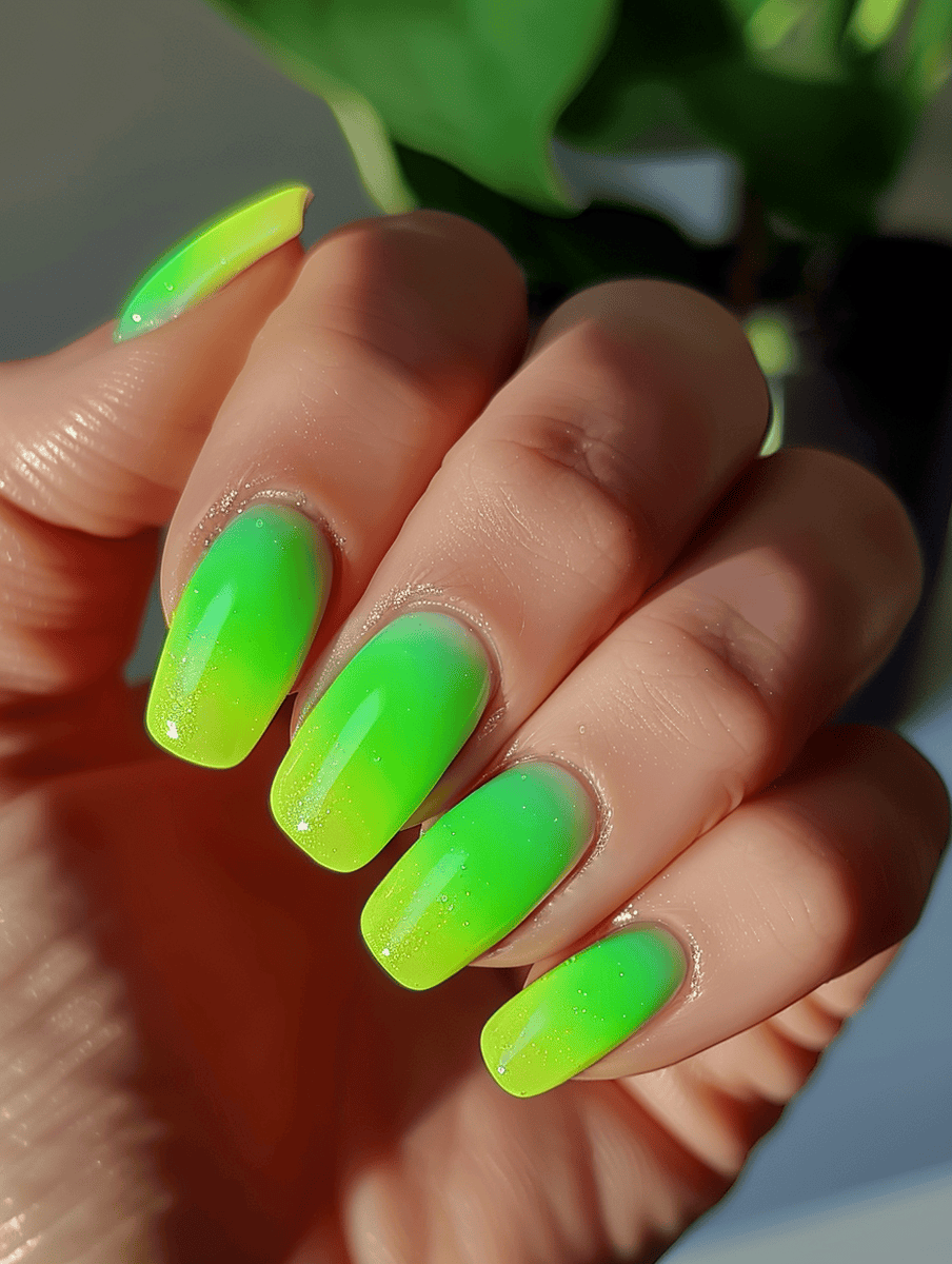Neon gradient nail design lime green to electric yellow neon zing
