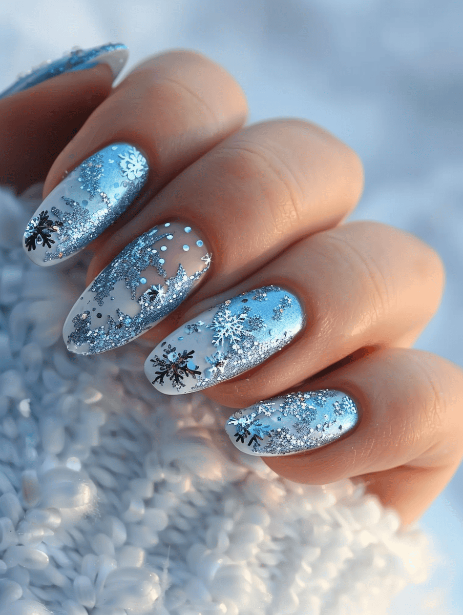 Silver and blue winter nail design with silver glitter and baby blue accents
