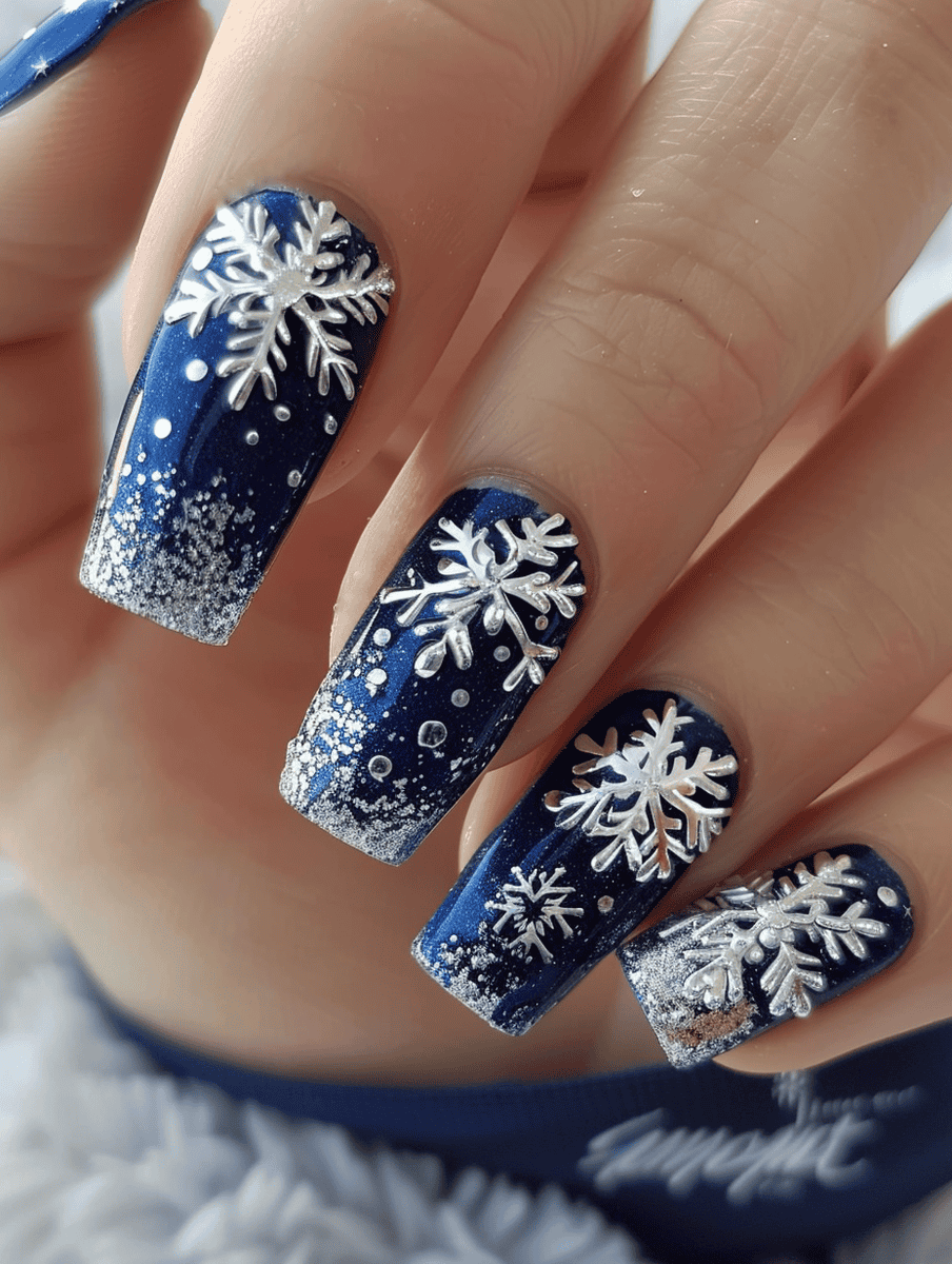 Deep blue base winter nail design with silver snowflakes