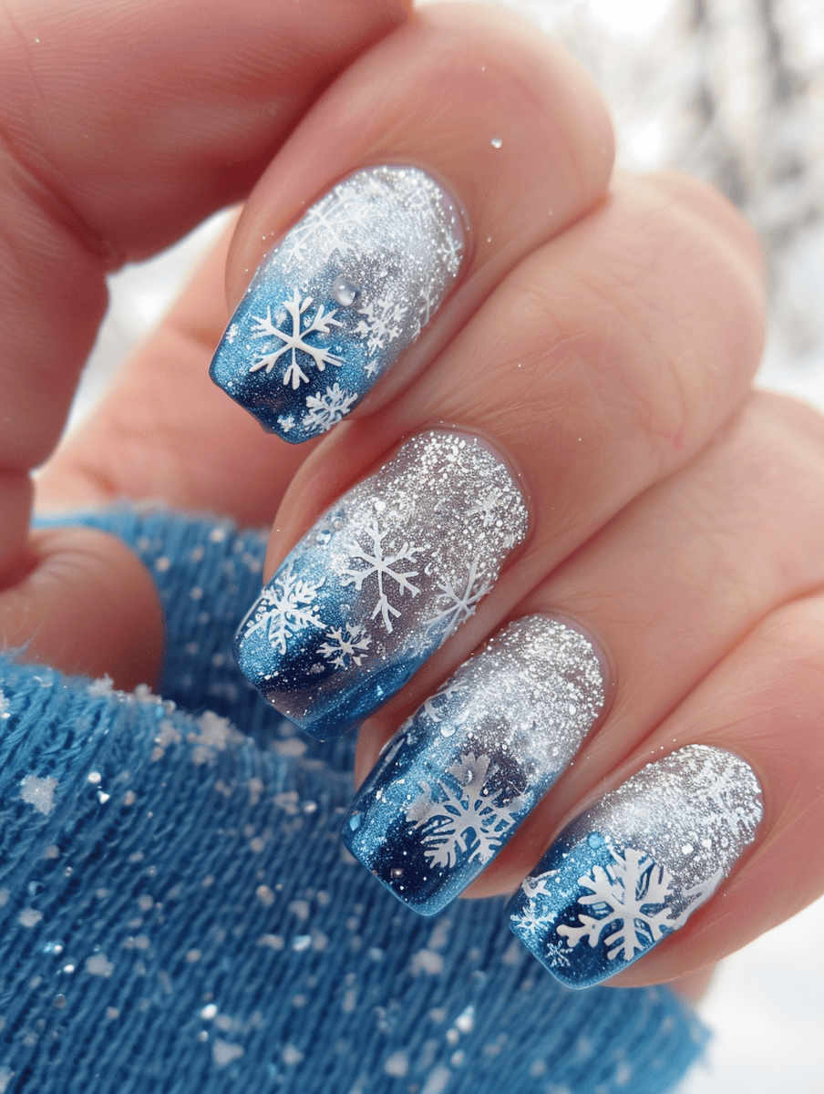Icy blue with silver glitter ombre winter nail design