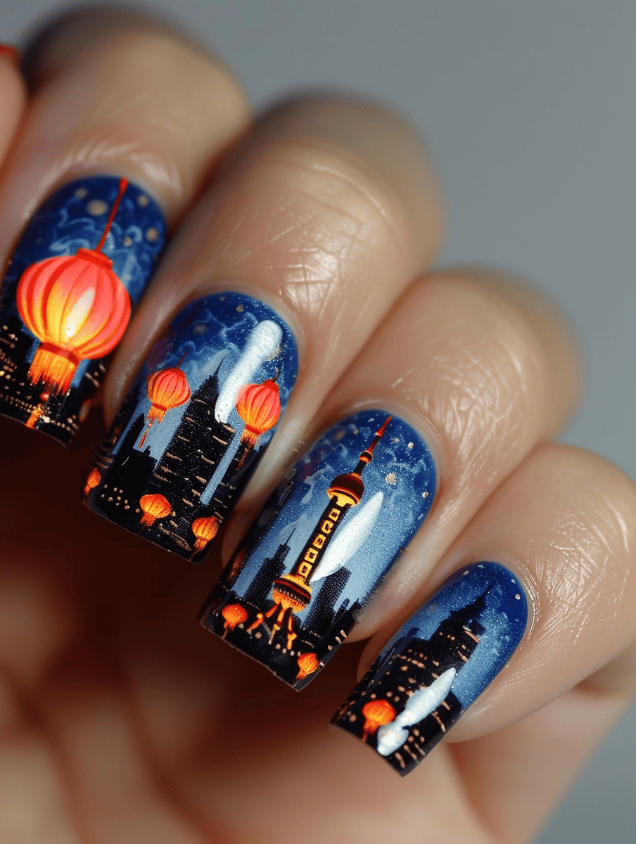 city skyline nail art design featuring Shanghai skyline with traditional lanterns