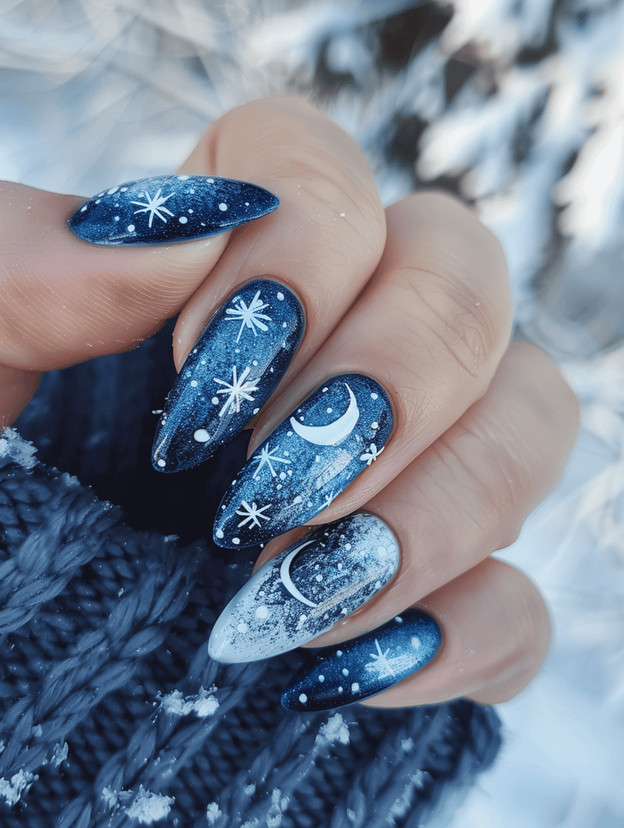 Navy blue with silver crescent moon and stars winter nail design
