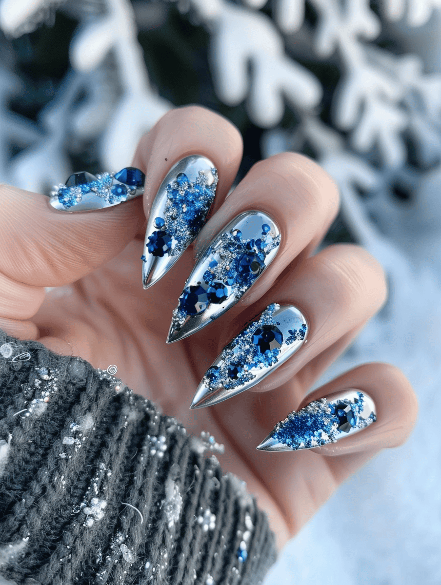 Metallic silver base with blue crystal accents winter nail design
