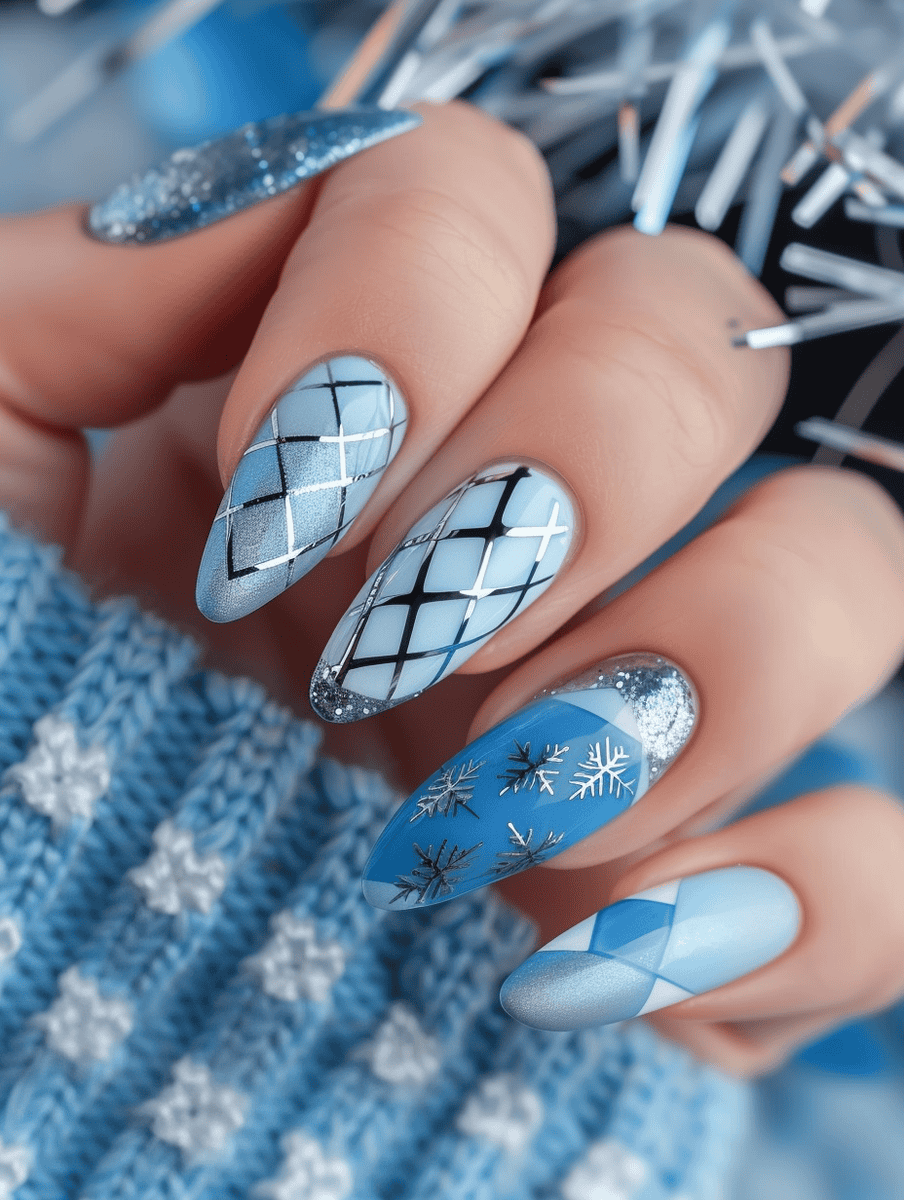 Mixed patterns in shades of blue with silver accents winter nail design