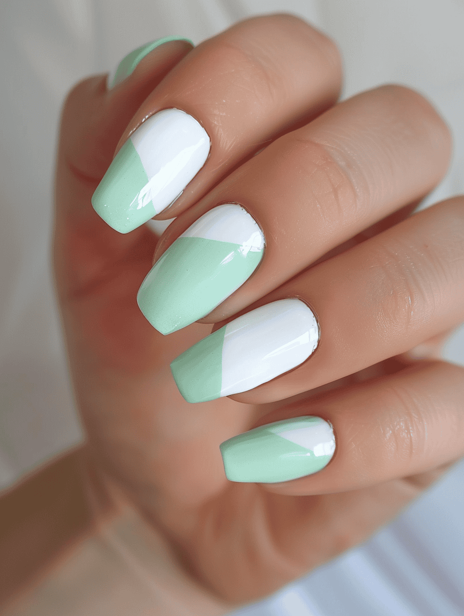 Mint green and white diagonal split nail design