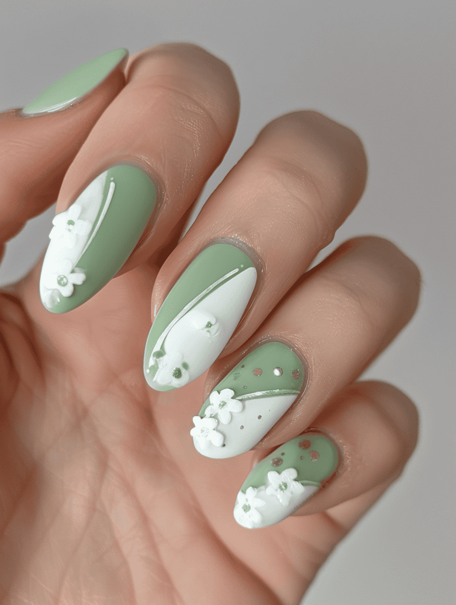 Soft green and white split with floral accents nail design