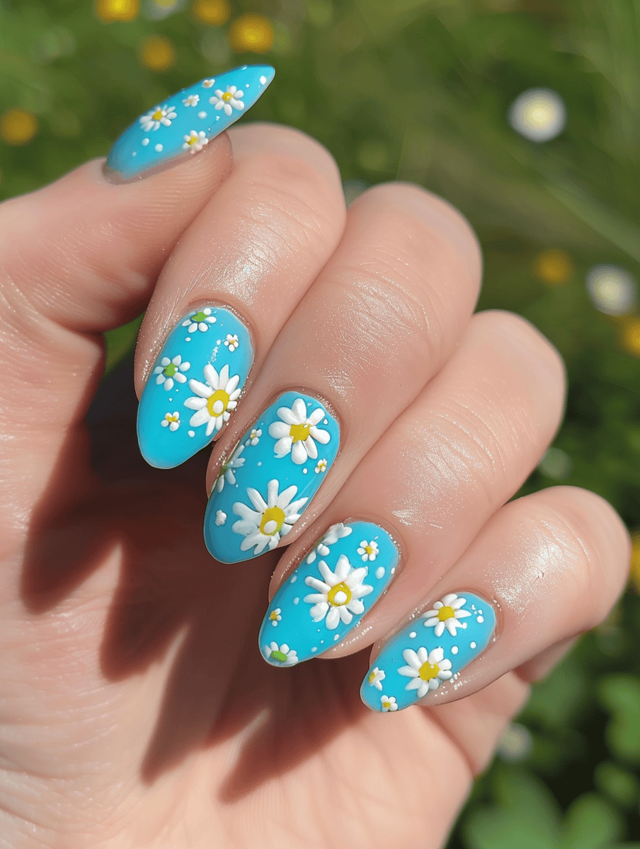 Prom nail inspiration with white daisies on sky-blue nails