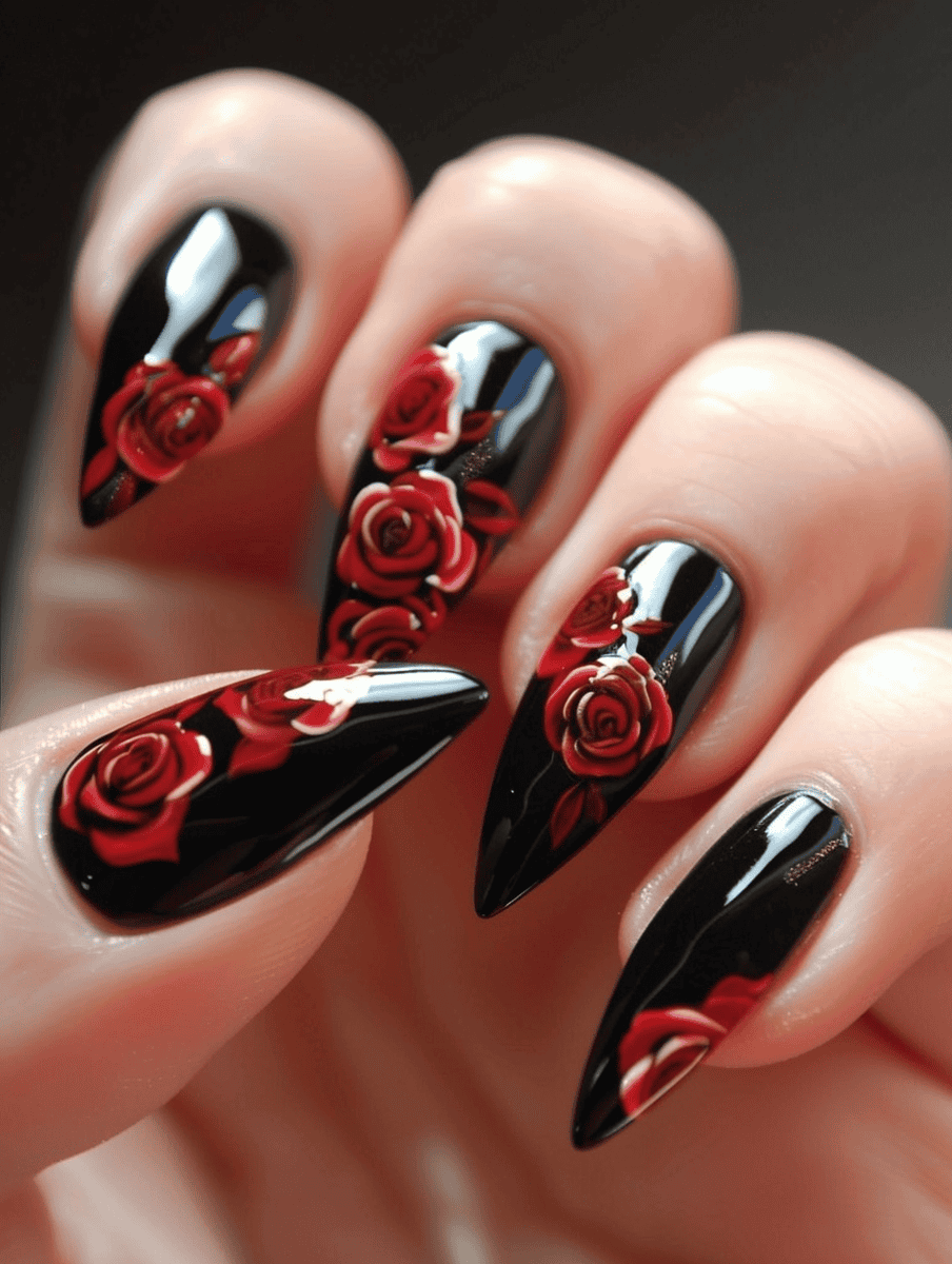 Prom nail inspiration with red roses on black nails