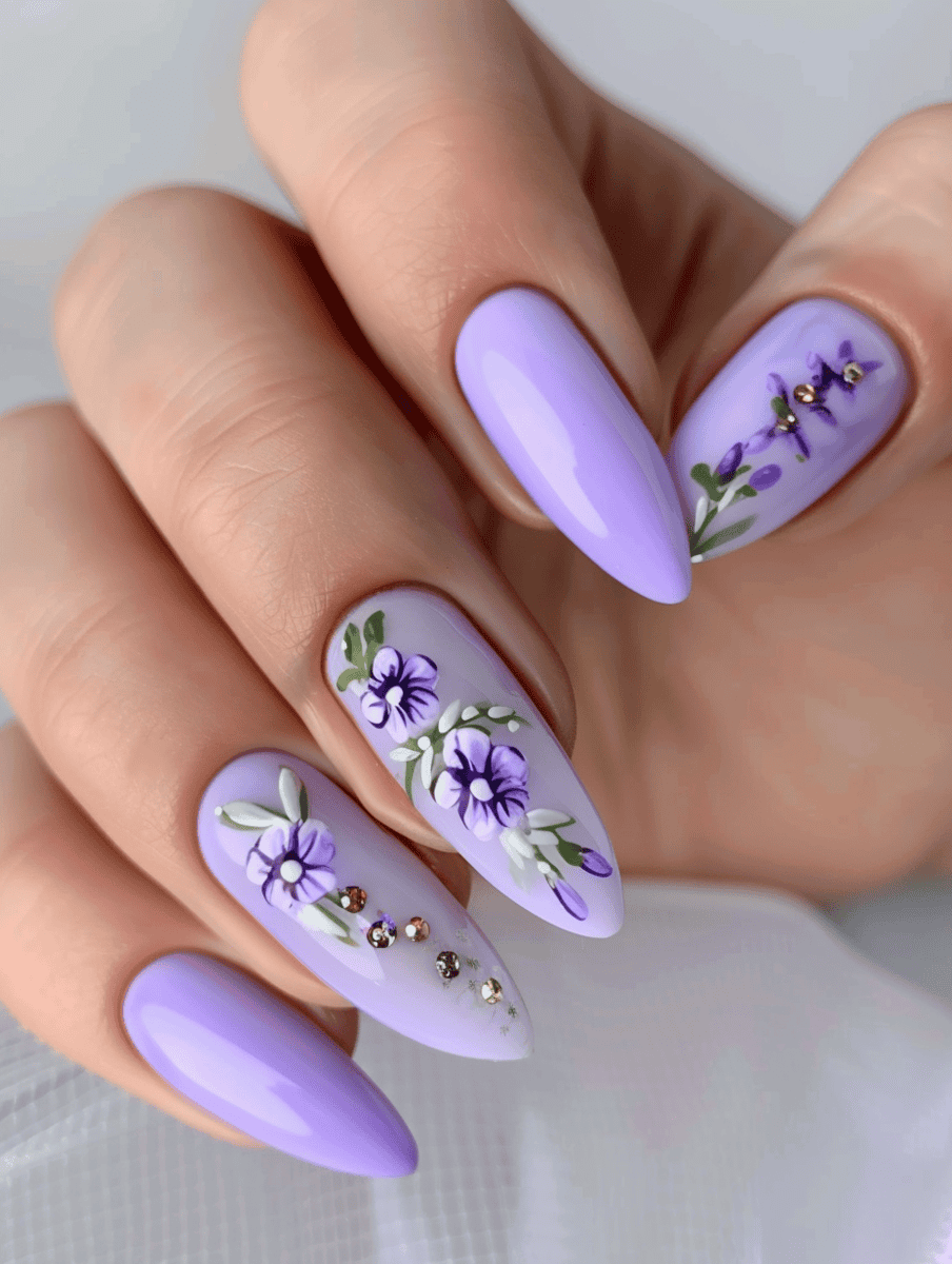 Prom nail inspiration with lavender flowers on pastel purple nails