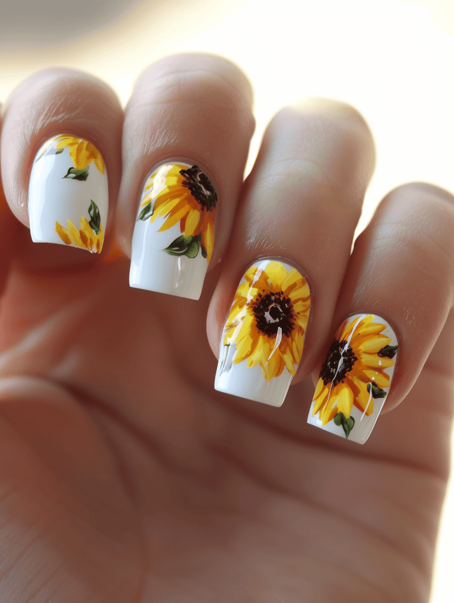 Prom nail inspiration with sunflowers on white nails