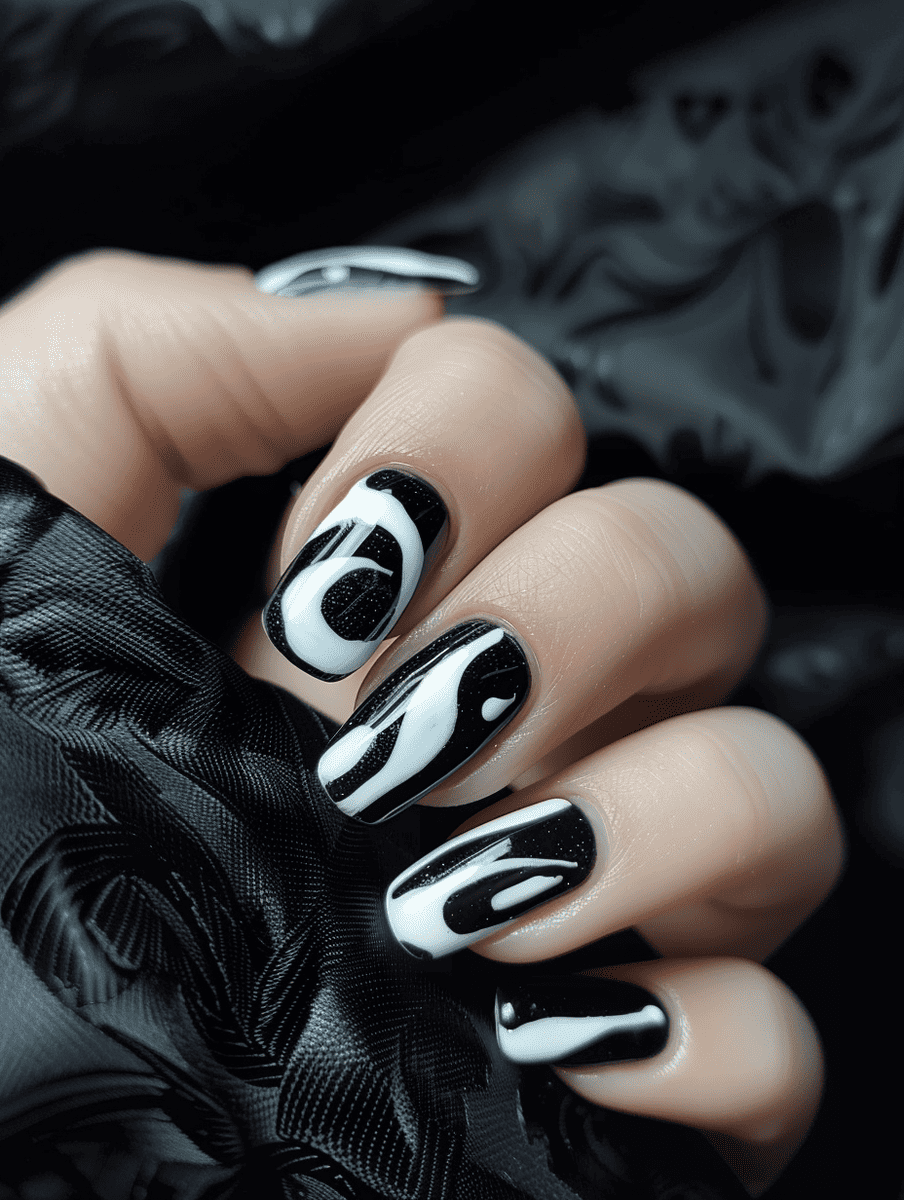 abstract nail art with black and white swirls