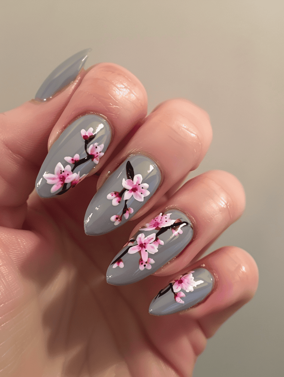 Prom nail inspiration with pink cherry blossoms on gray nails