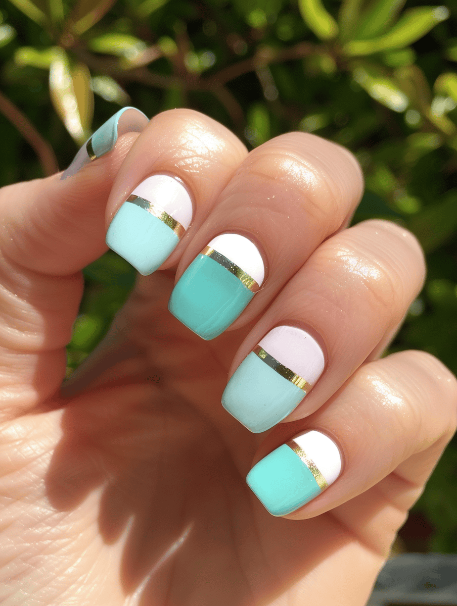 White and pastel color block nail design.  with white and pastel teal with gold line