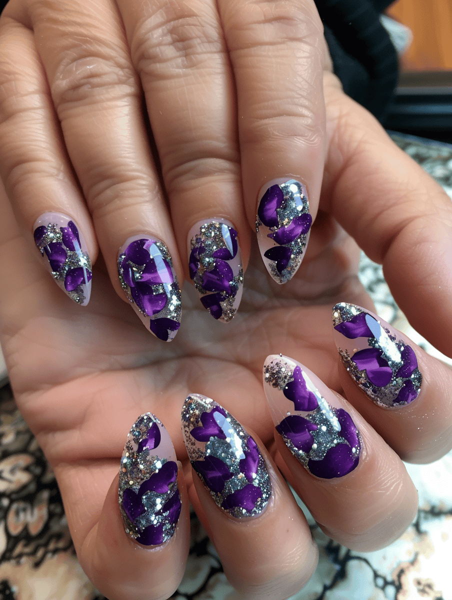 Prom nail inspiration. violet petals on silver glitter nails