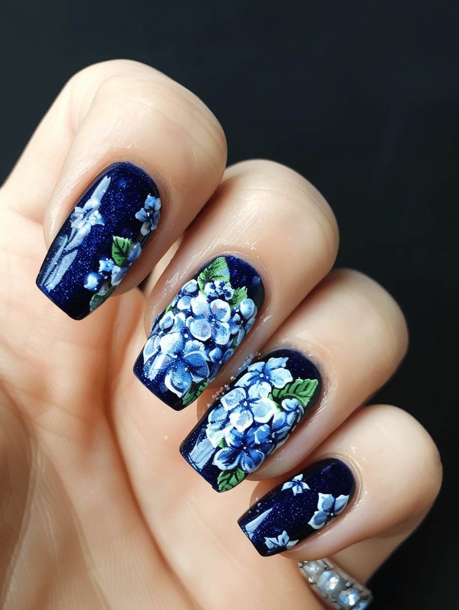 Prom nail inspiration with blue hydrangeas on navy nails
