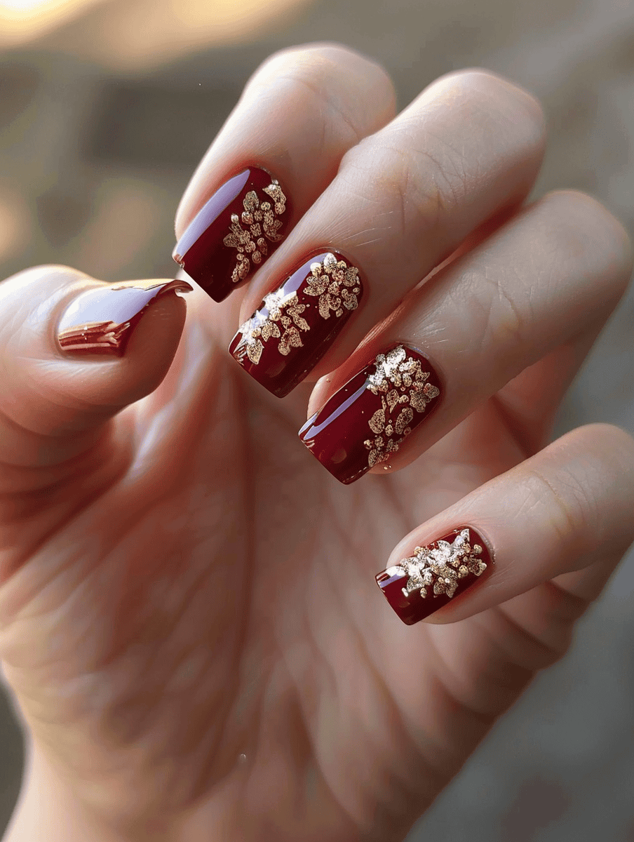 Prom nail inspiration with gold flower accents on burgundy nails
