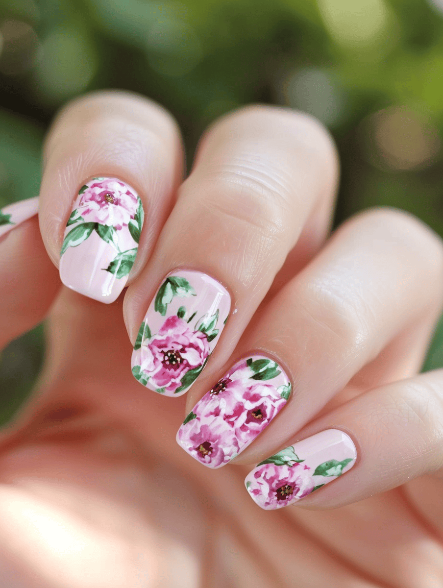 Prom nail inspiration with watercolor peonies on blush pink nails