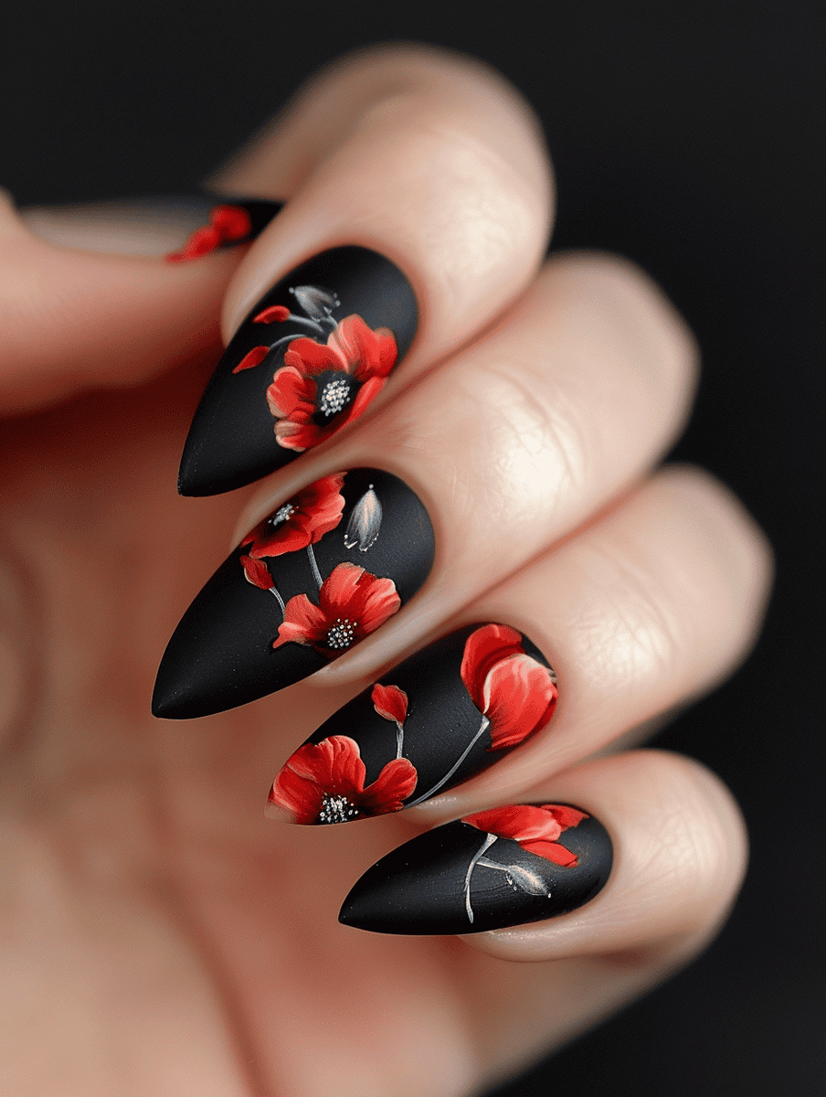 Prom nail inspiration with poppy flowers on matte black nails
