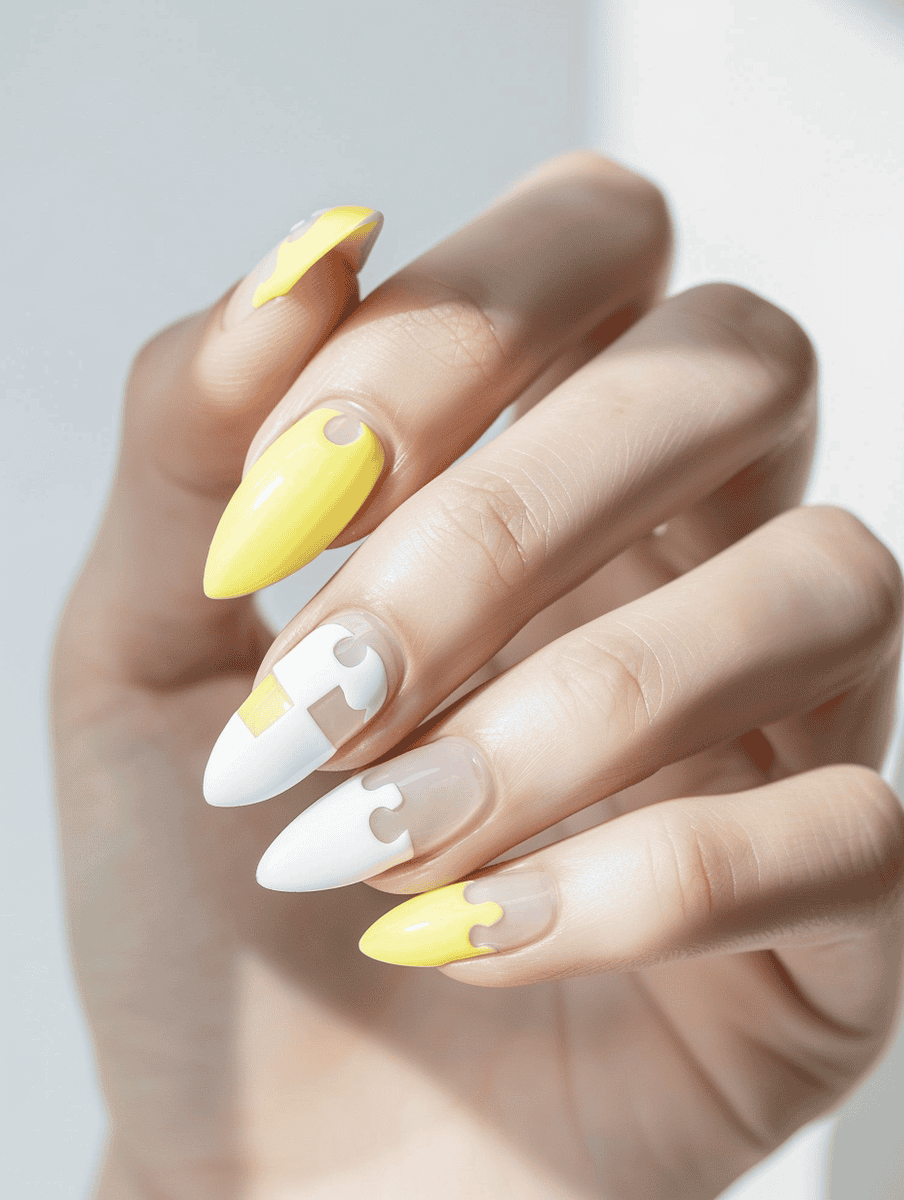 Pastel yellow and white puzzle pieces nail design
