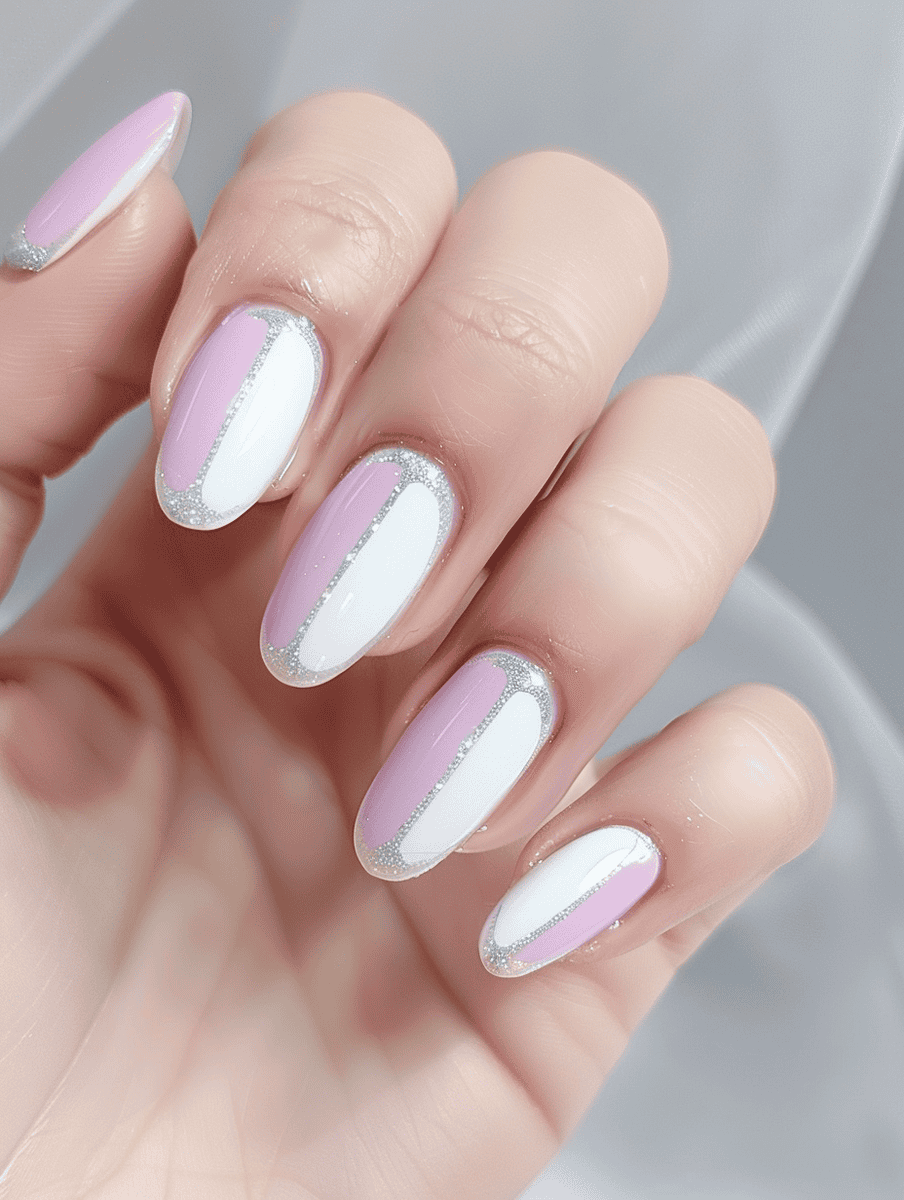 Lavender and white with a silver glitter line nail design