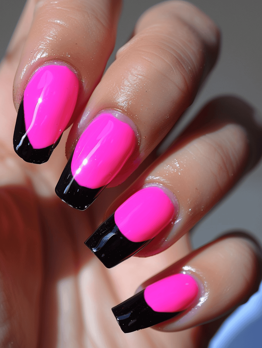 Hot pink and black nail art with hot pink with black tips