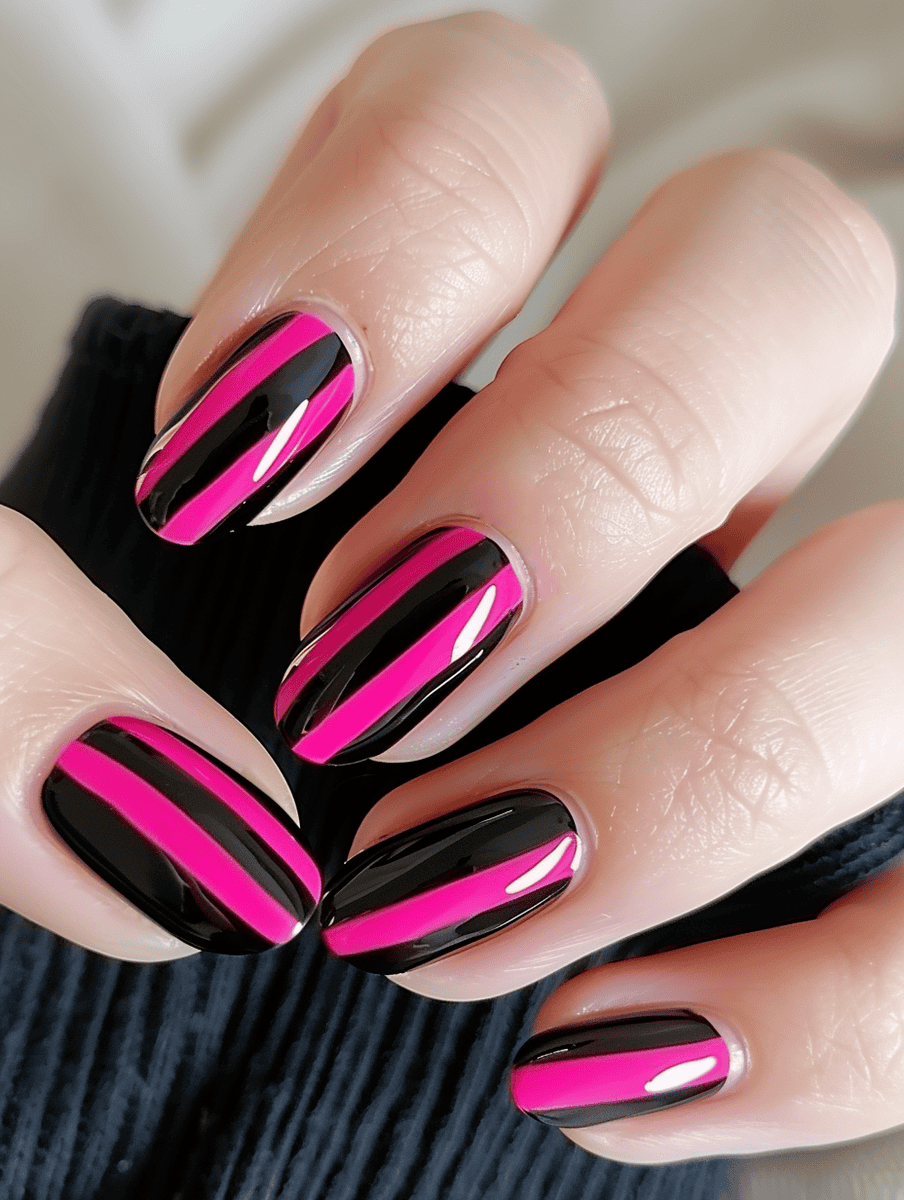 Hot pink and black nail art with black nails with hot pink stripes
