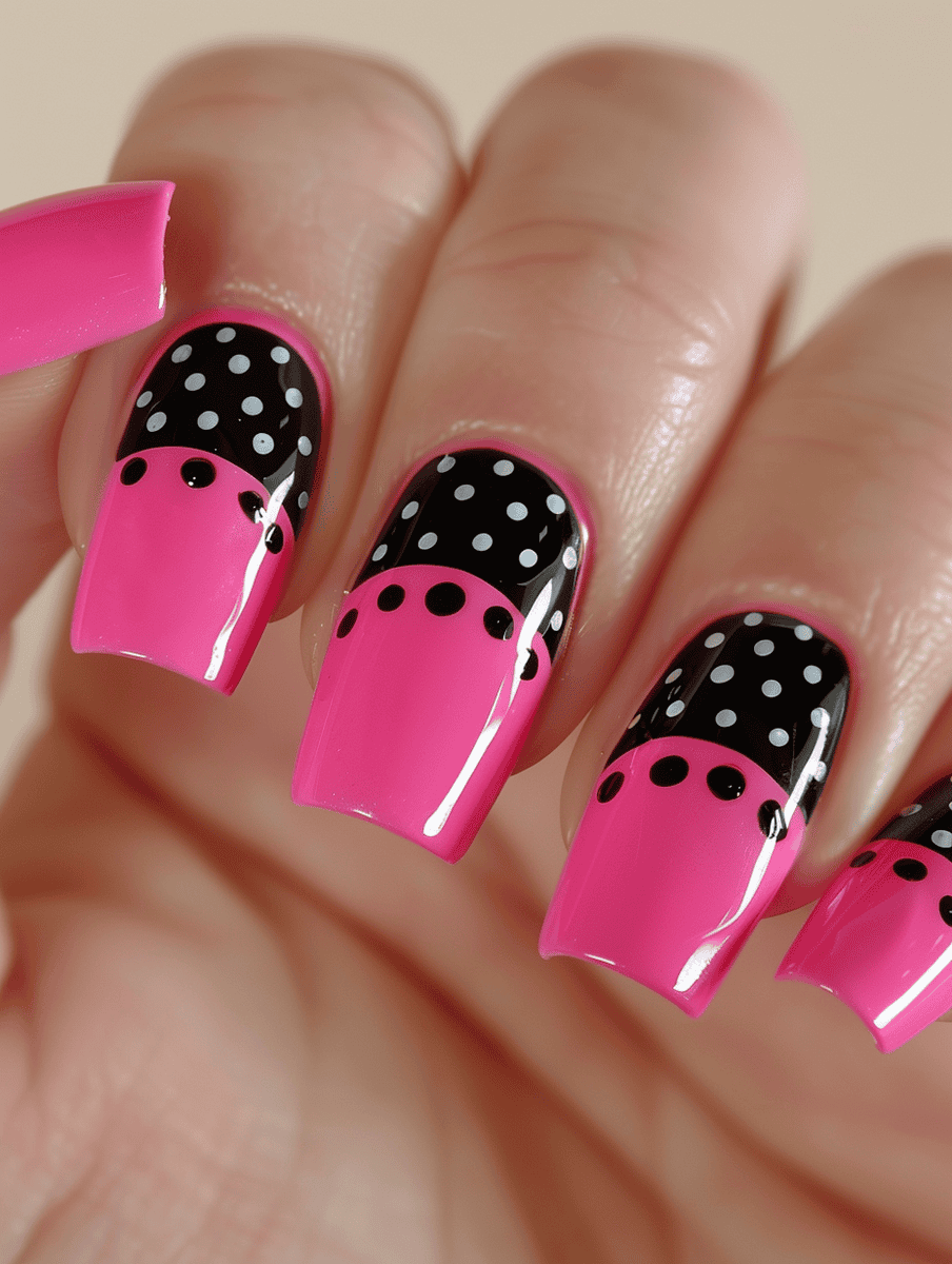 Hot pink and black nail art with hot pink nails with black dotted half-moons