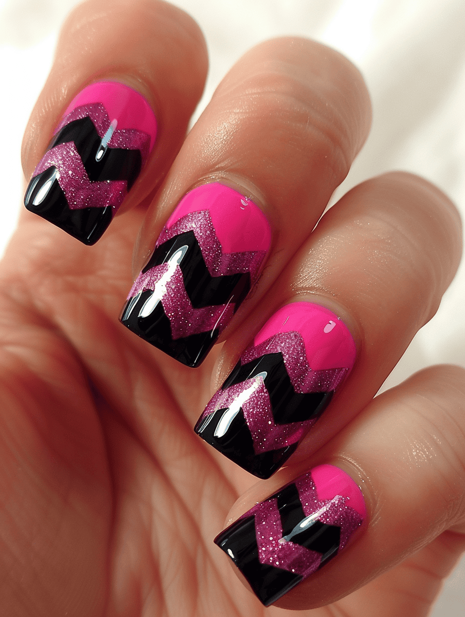 Hot pink and black nail art with hot pink nails with glittery pink and black chevron accents