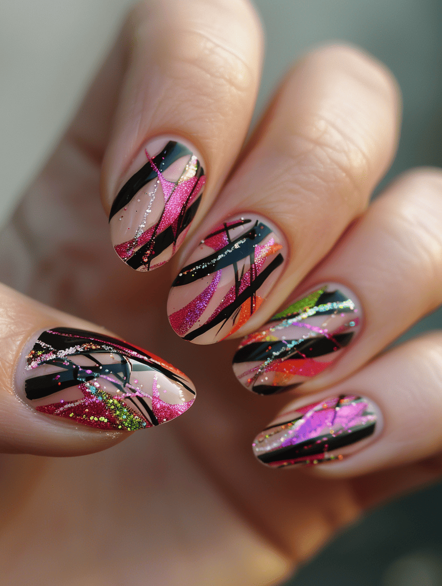 abstract nail art with glitter overload and abstract lines