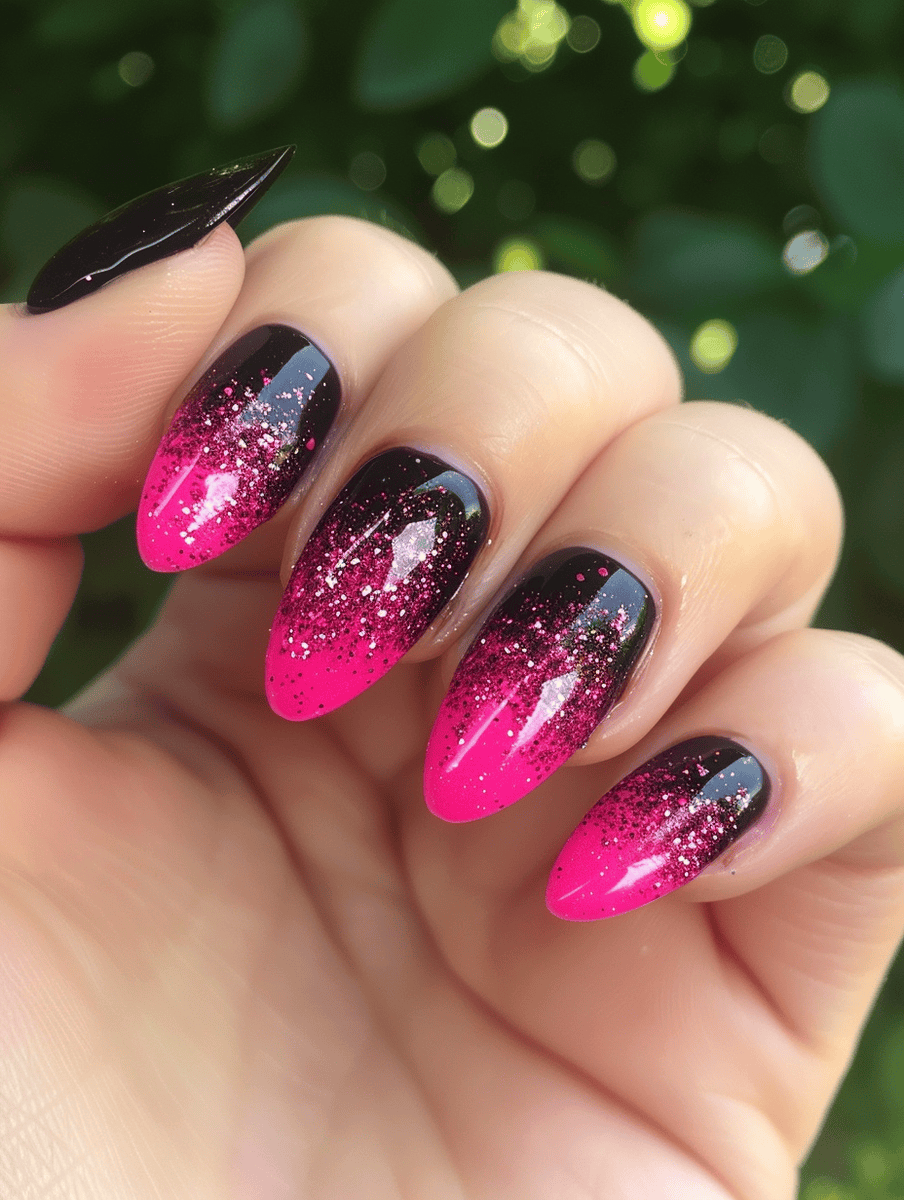 Hot pink and black nail art with black nails with hot pink glitter fade