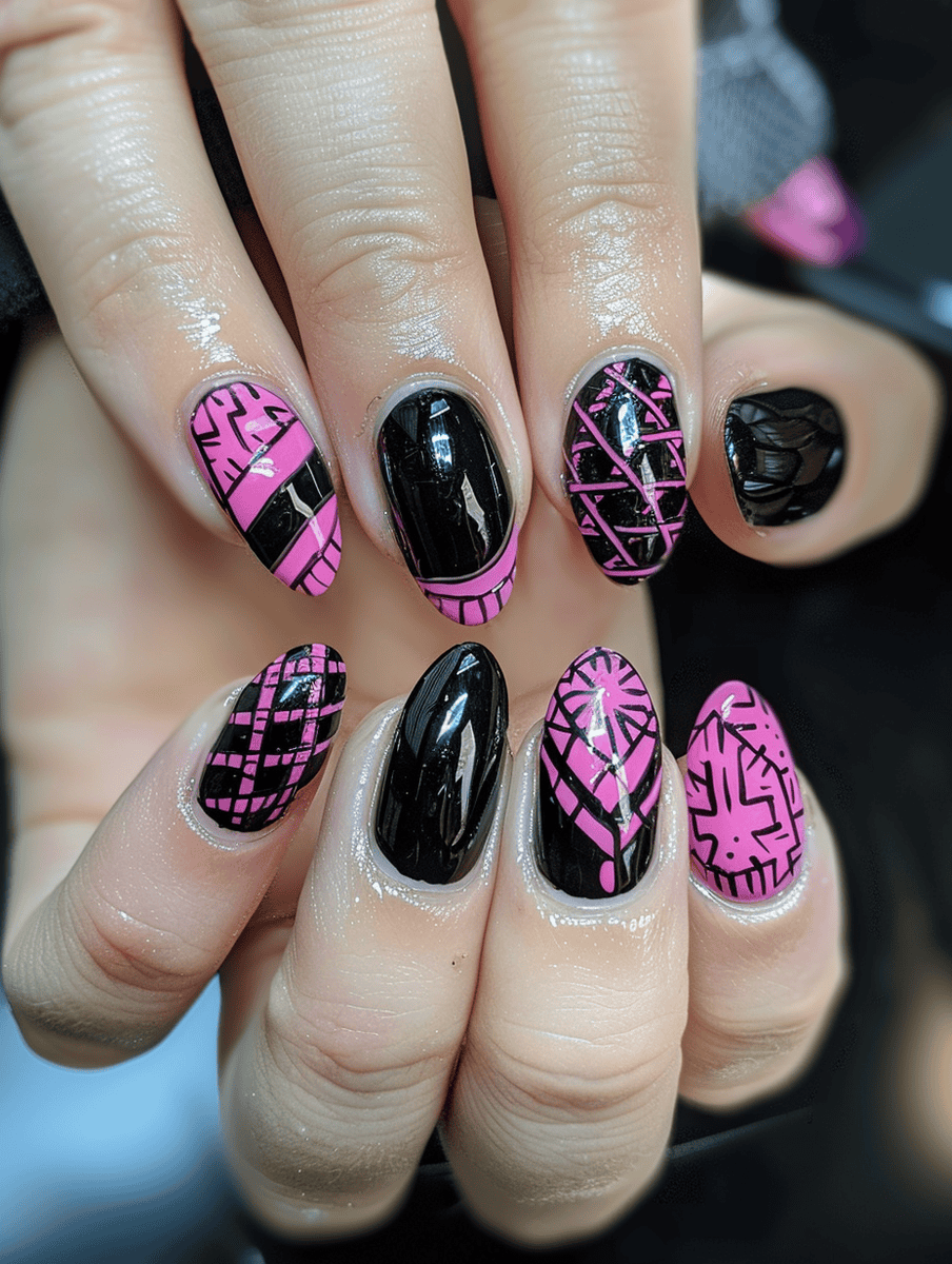 Hot pink and black nail art with hot pink nails with black geometric patterns