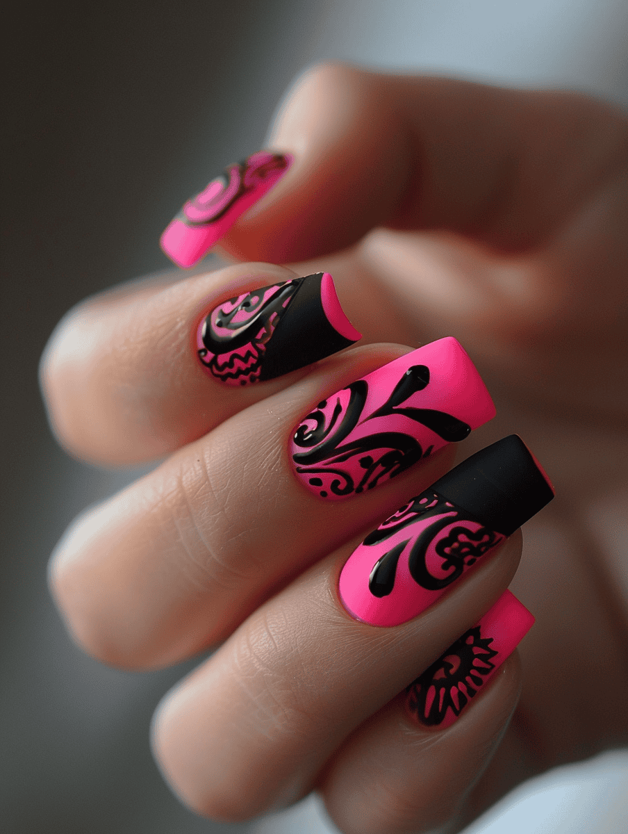 Hot pink and black nail art with hot pink matte nails with glossy black designs