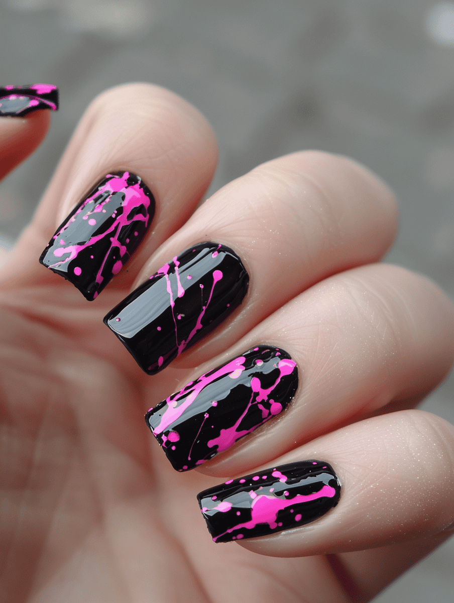 Hot pink and black nail art with black nails with hot pink splatter