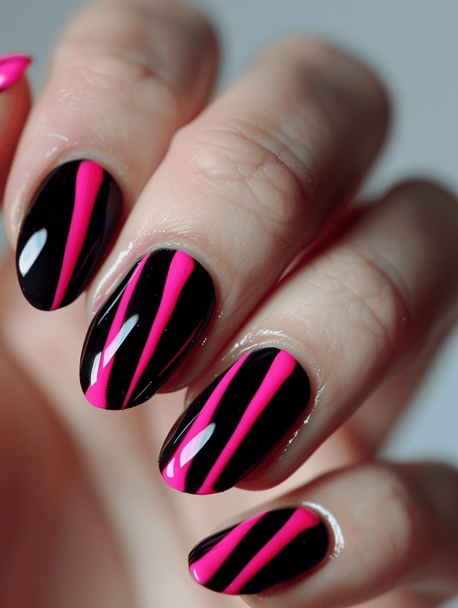 Hot pink and black nail art with black nails with hot pink diagonal stripes