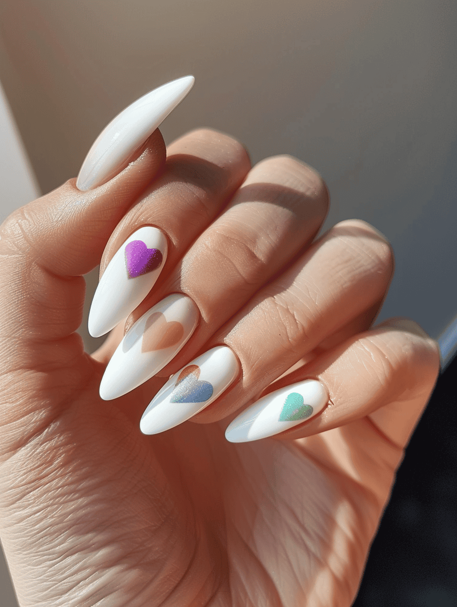 White nails with pastel rainbow hearts