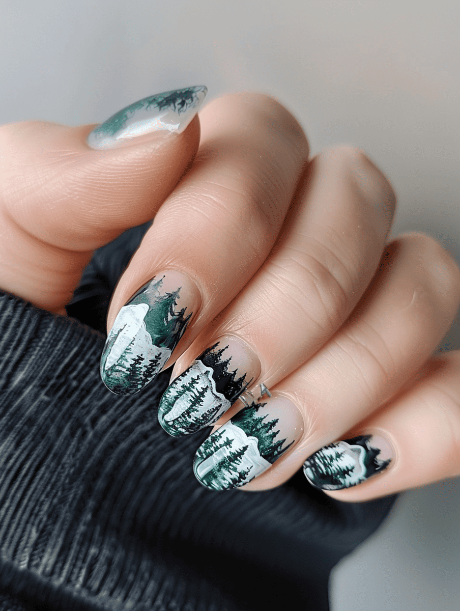 mountain landscape nail art with misty mountains and pine trees