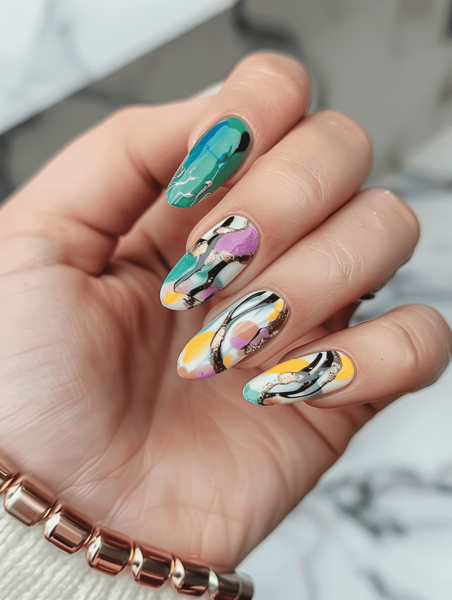 abstract nail art with marble effect and gold flecks