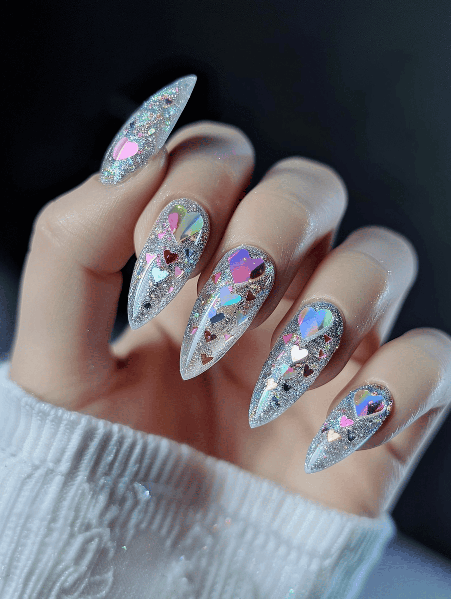 Silver glitter nails with holographic hearts